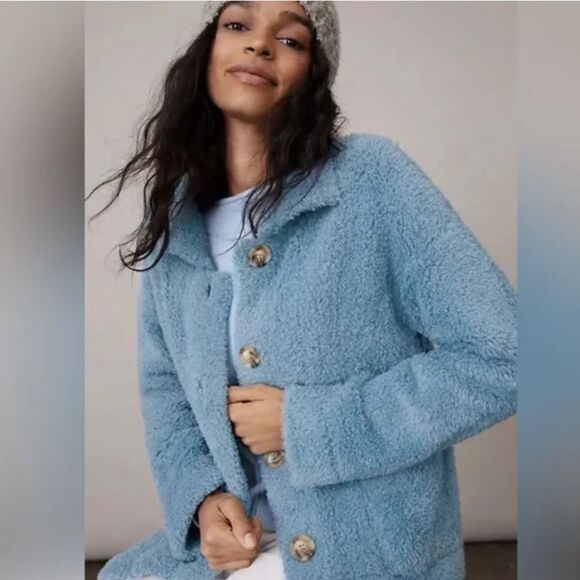 AMADI x Anthropologie Danika Fuzzy Teddy Sky Jacket Coat - Picture 1 of 8